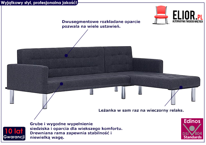 Sofa rozkładana Destar, ciemnoszara, w kształcie L