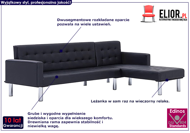 Sofa rozkładana Destar, czarna, w kształcie litery L