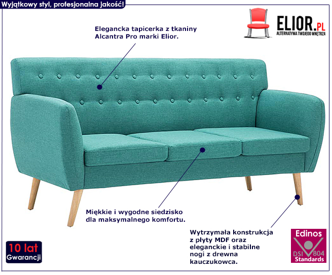3-osobowa sofa pikowana Elia, zielona