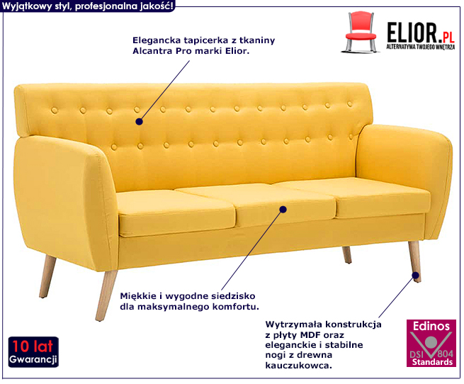 Żółta 3-osobowa sofa pikowana Elia
