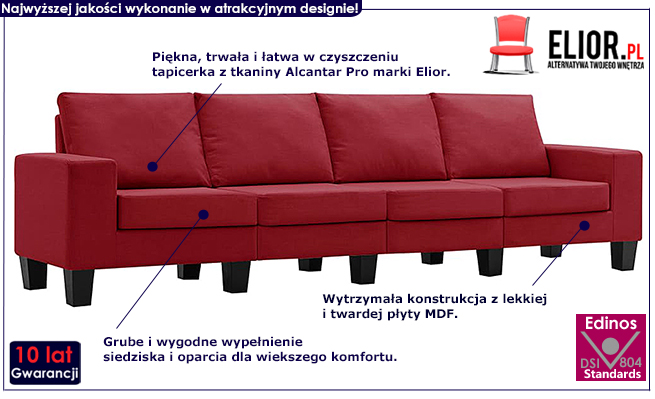Ponadczasowa 4-osobowa sofa czerwona Magnex 4Q