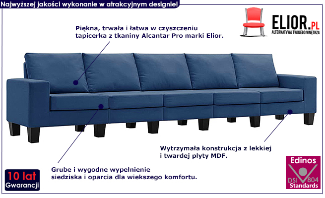 Ponadczasowa 5-osobowa sofa niebieska Magnex 5Q