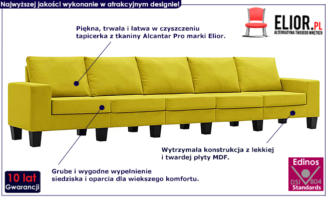 Ponadczasowa 5-osobowa sofa żółta Magnex 5Q