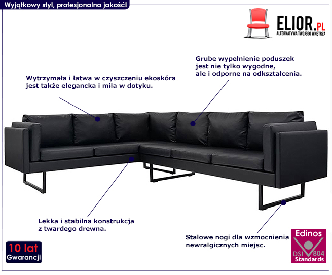 Produkt Czarny elegancki duży narożnik z ekoskóry - Selwa 2X