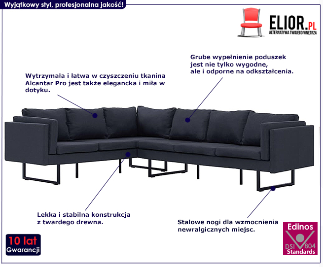 Produkt Przestronna sofa narożna Selwa - ciemoszara