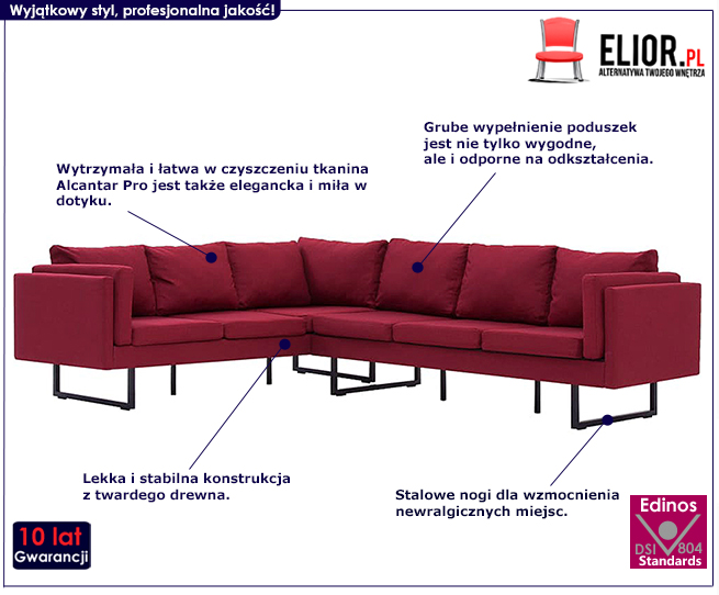 Produkt Przestronna sofa narożna Selwa - czerwona