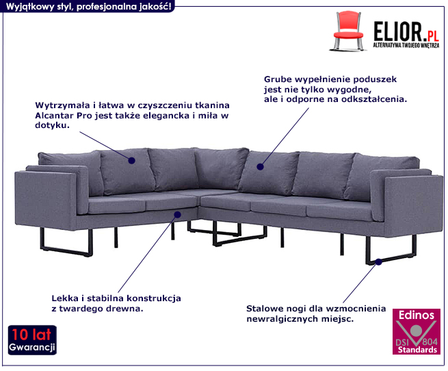 Produkt Przestronna sofa narożna Selwa - jasnoszara