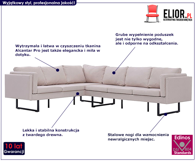 Produkt Przestronna sofa narożna Selwa - kremowa