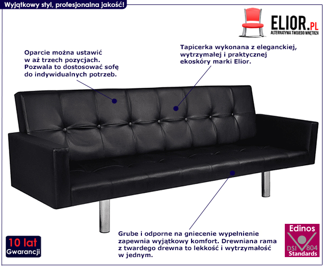 Rozkładana sofa Enya  z podłokietnikami, czarna