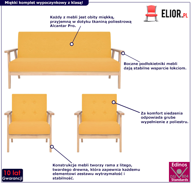 Produkt Żółty 3-częściowy zestaw do salonu – Aranox