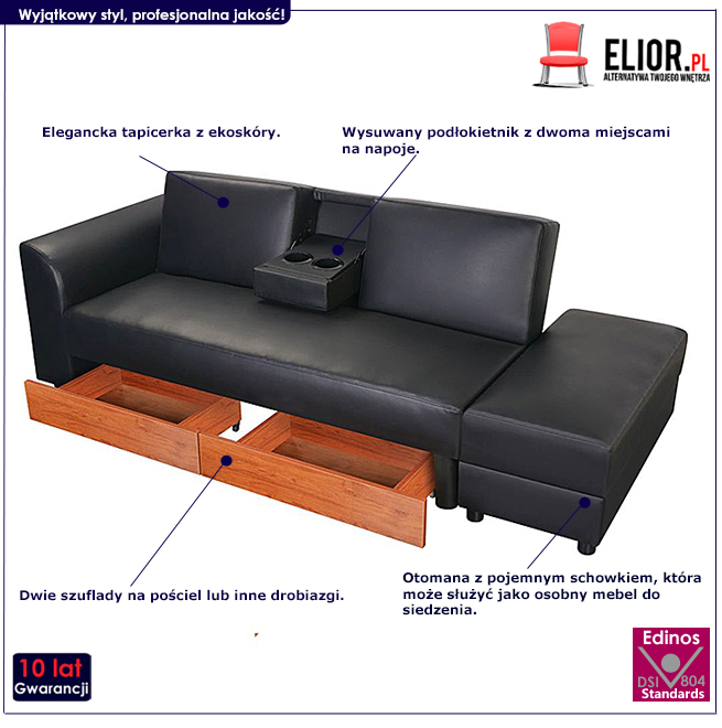 Produkt Rozkładana sofa Antlia z ekokóry - czarna