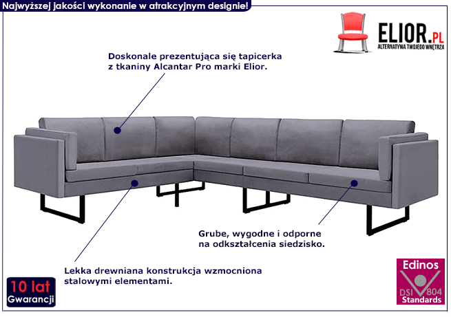 7-osobowa jasnoszara sofa narożna, tkanina, Lordis