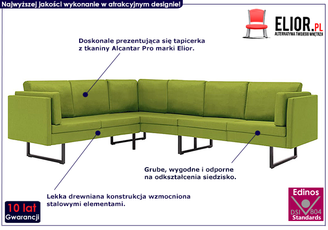 7-osobowa zielona sofa narożna, tkanina, Lordis 2X