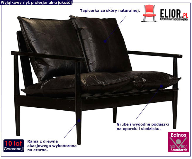 Elegancka sofa Canes z tapicerką z czarnej skóry