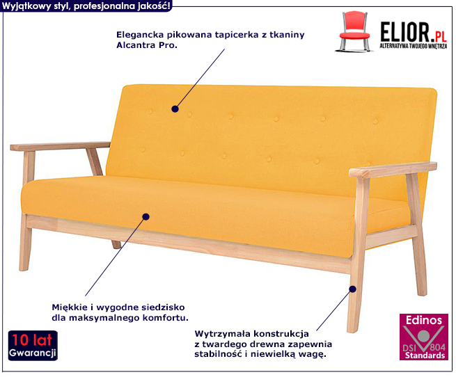 Trzyosobowa żółta sofa retro Garner 3X tapicerowana 