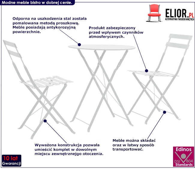 Zestaw białych metalowych mebli ogrodowych Molina