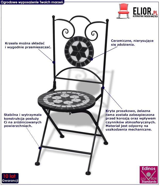 zestaw ceramicznych krzeseł ogrodowych leah czarno-biały