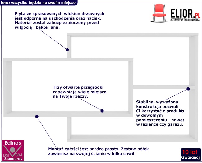 zestaw półek ściennych z białym połyskiem acker