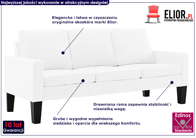 Trzyosobowa biała sofa z ekoskóry Lencor 3Q
