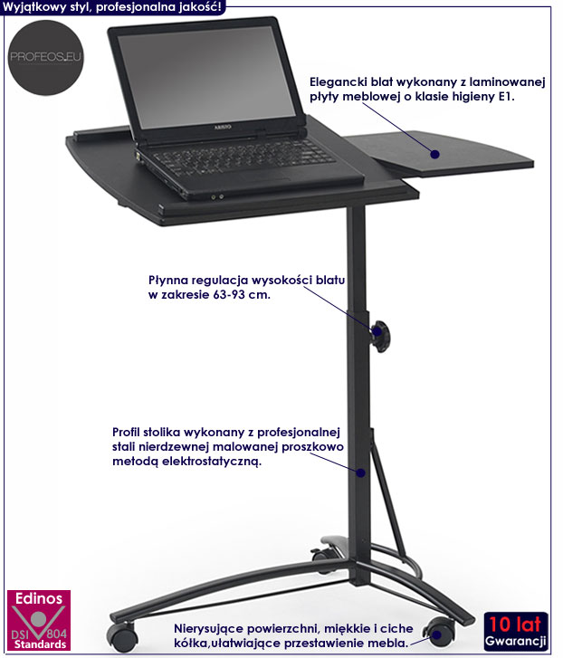 Czarne biurko na kółkach pod laptopa z regulowaną wysokością Divento