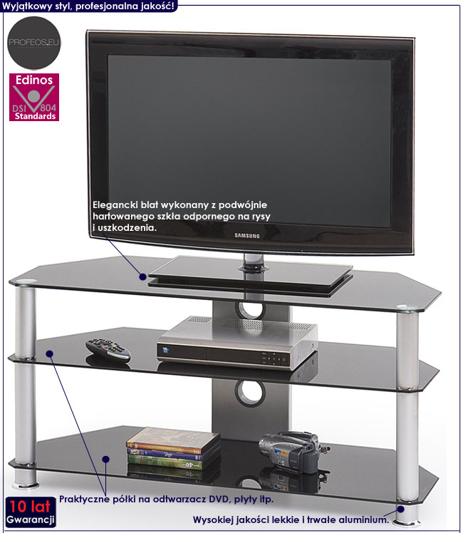 Aluminiowy szklany czarny stolik pod telewizor Urona