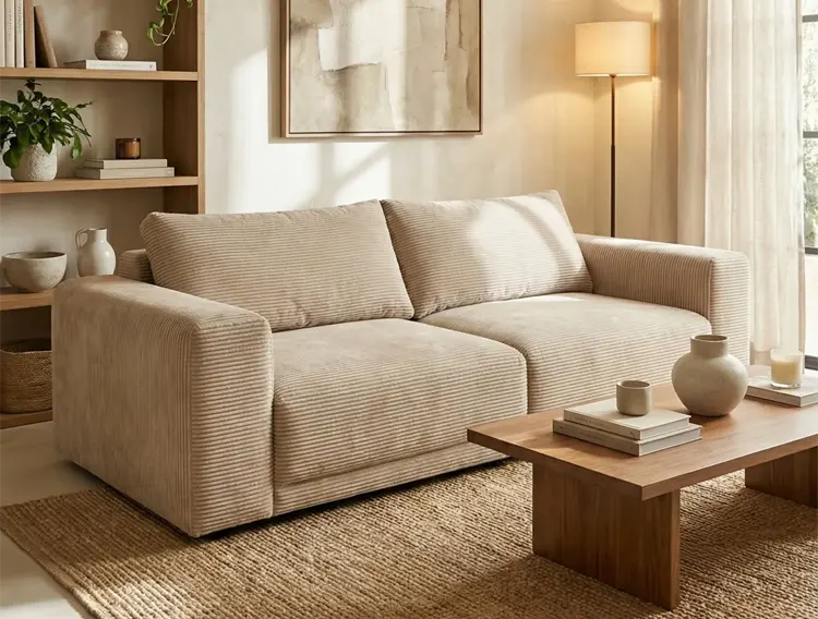 Beżowa sofa obita sztruksem